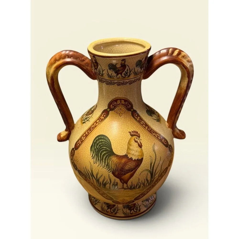 French Country Farmhouse Rooster Amphora Vase 10” Twin Handle Crackle Glaze